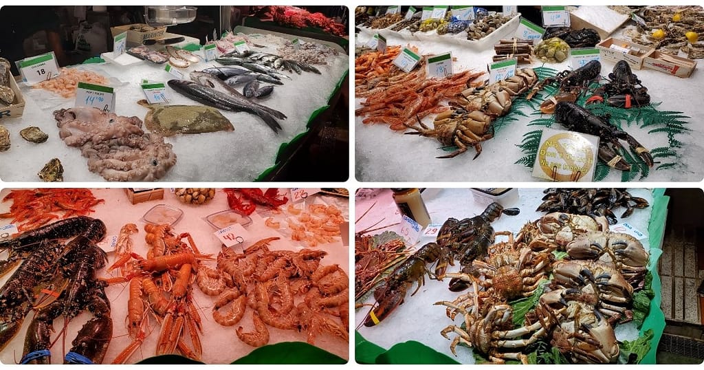 Varieties of the depicted fish and seafood are staple ingredients of the Mediterranean diet in Spanish cuisine 