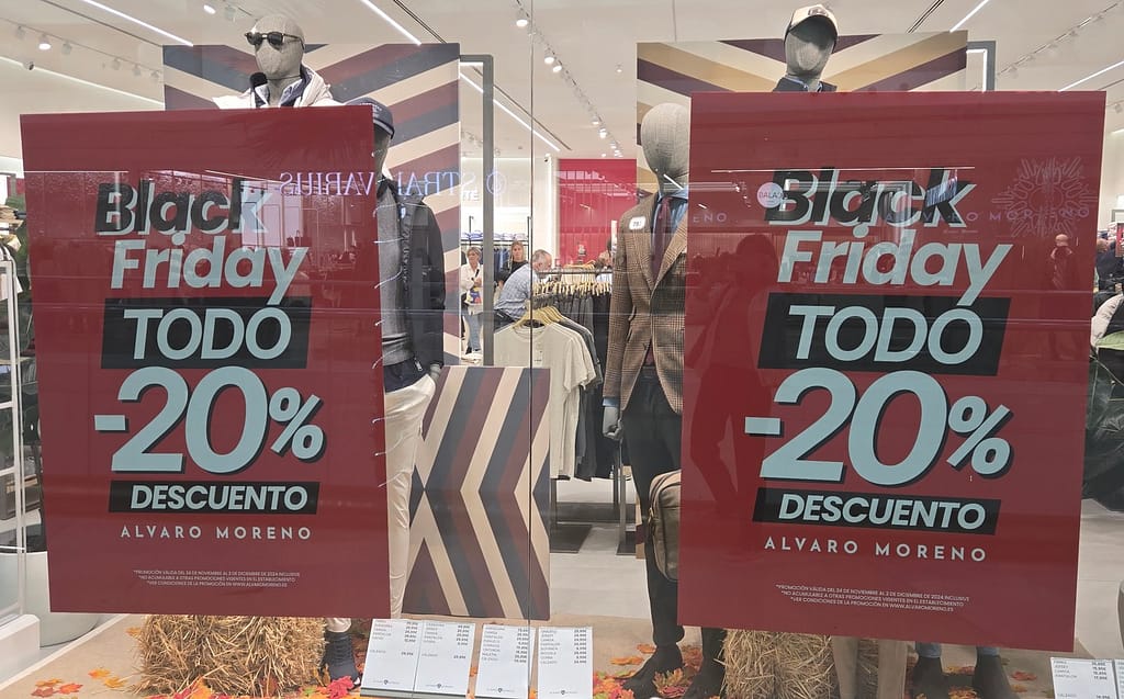 Black Friday promotions in a store window in Spain