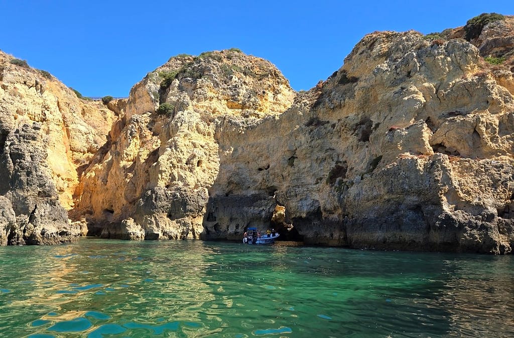 Iconic cliffs of Portugal’s Algarve coast as viewed from the sea