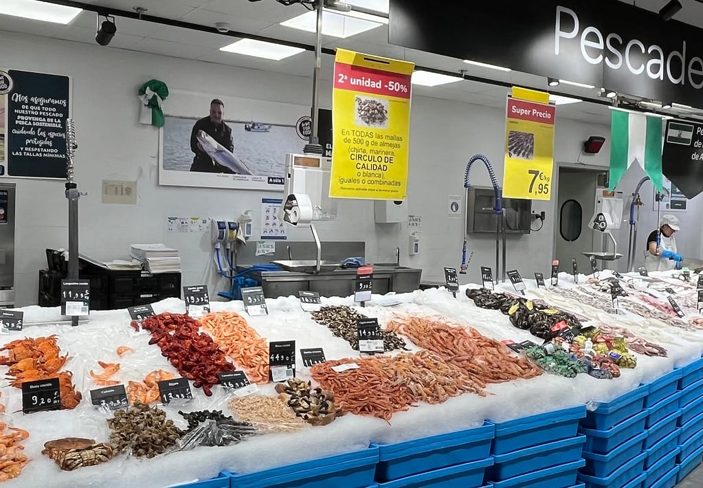 Seafood counter in a Carrefour supermarket offers great variety at low cost
