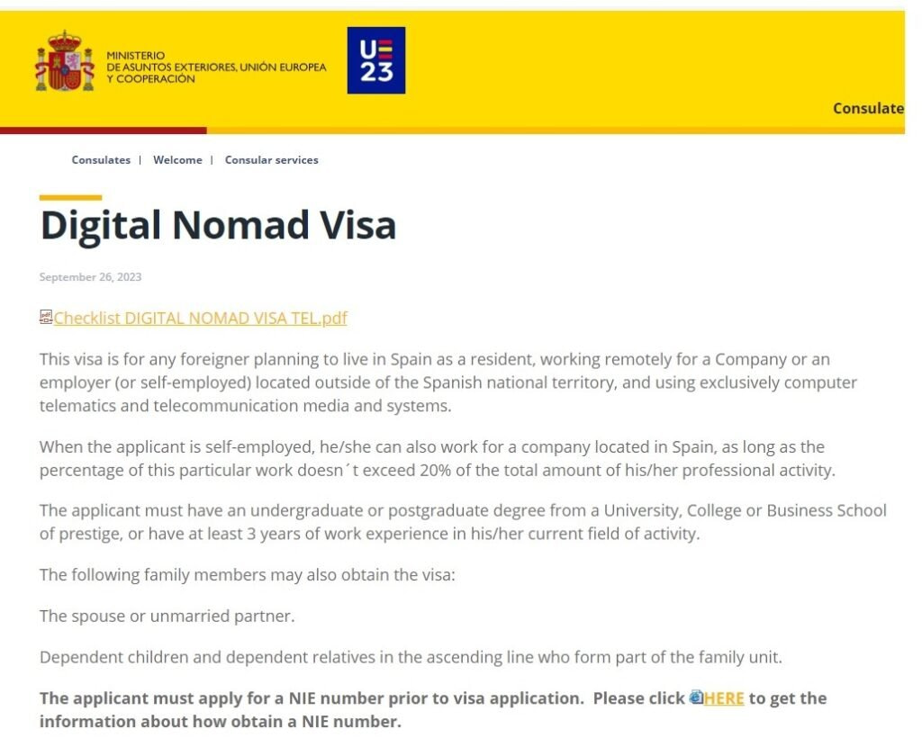 Information from consulate website on digital nomad visa requirements for remote jobs in Spain 
