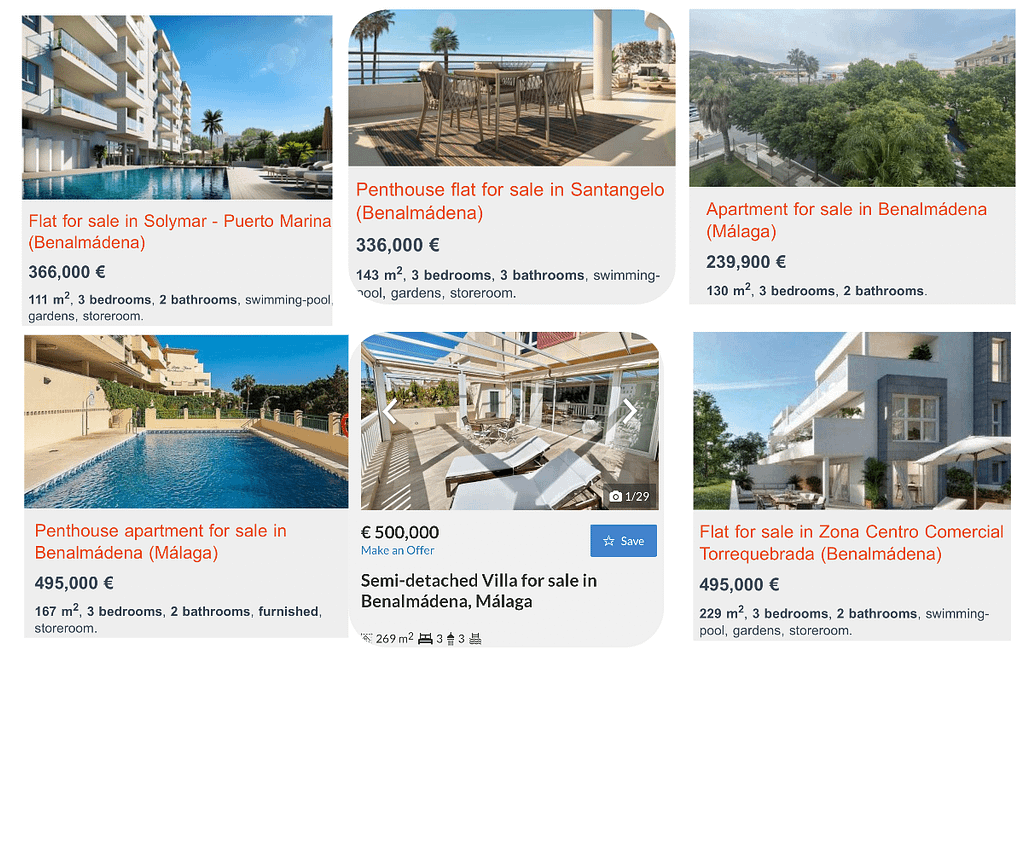 A collage of For Sale announcements for properties priced from 240,000 to 500,000 euros 