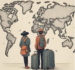 Graphic. A man and a woman with packed bags in front of a world map: How to pick a good country to move to