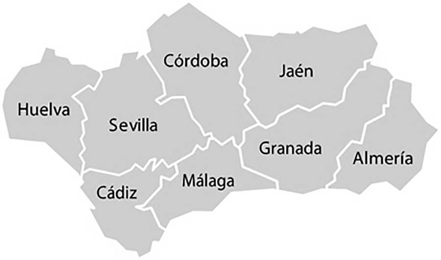 A gray schematic map of Andalucia (Andalusia) showing Malaga and other provinces